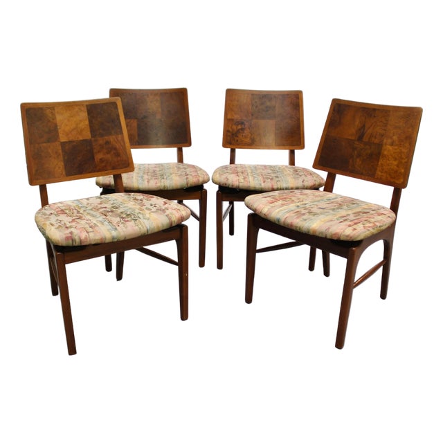 4 Mid Century Modern Burlwood Parquet Wood Dining Chairs For Sale