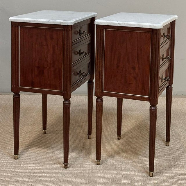Pair Early 20th Century French Louis XVI Style Mahogany Marble Top Nightstands in the Manner of Maison Jansen For Sale - Image 13 of 18