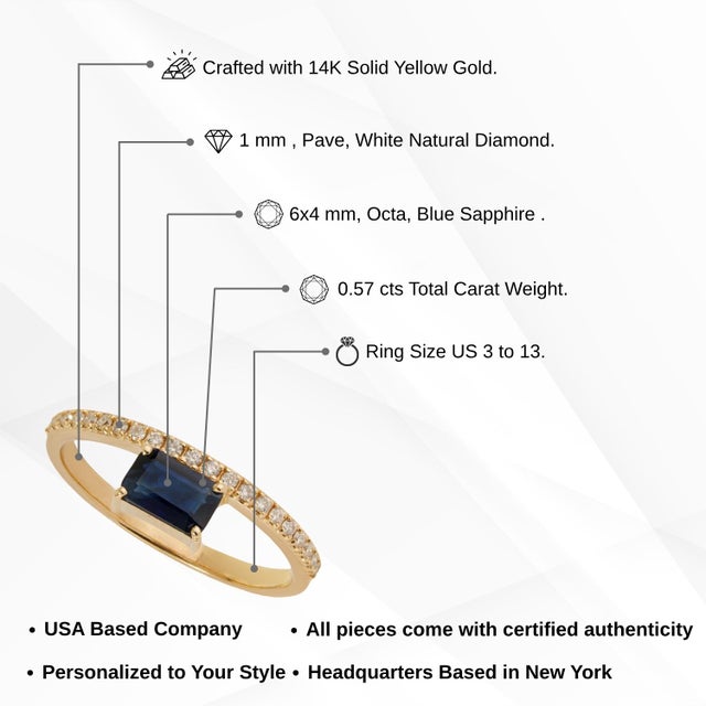 Modern East-West Emerald-Cut Blue Sapphire & Diamond Ring Size 6.5 in 14k Yellow Gold For Sale - Image 13 of 18