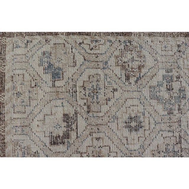 Textile Modern Hand-Knotted Oushak Distressed Rug With Sub-Geometric Design in Brown and Blue For Sale - Image 7 of 13