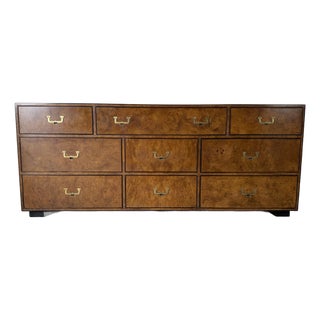 1970’s John Widdicomb Campaign Mid-Century Burlwood & Brass 9-Drawer Lowboy Dresser For Sale