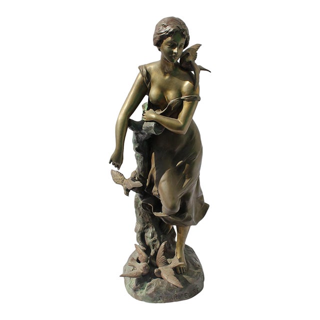 Antique Bronze Lady Figurine Signed Champagne Lg Title Charmeise circa 1900 For Sale