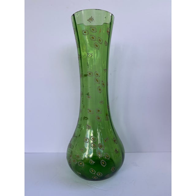 Vintage Bohemian Green Glass Hand-Enameled Floral Vase, 12” For Sale In Orlando - Image 6 of 12