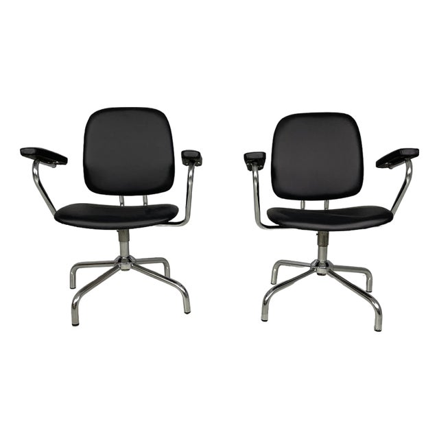 Italian Modern Swivel Office Chairs in Steel and Faux Leather, 1960s, Set of 2 For Sale