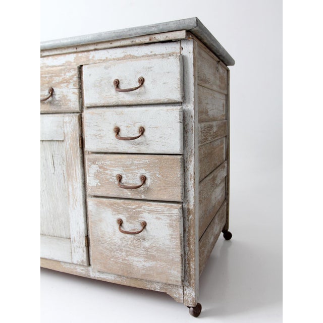 Antique Farmhouse Kitchen Work Table With Galvanized Top For Sale - Image 10 of 18