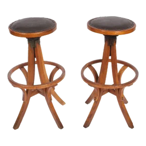 Circa 1910 Oak & Leather Architects Swivel Stools with Heel Ring - A Pair