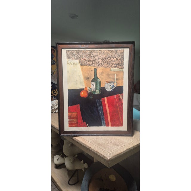 Brick Red Rene Genis 1960s ~ "Nature Morte Avec Bouteille" Signed & Numbered For Sale - Image 8 of 8