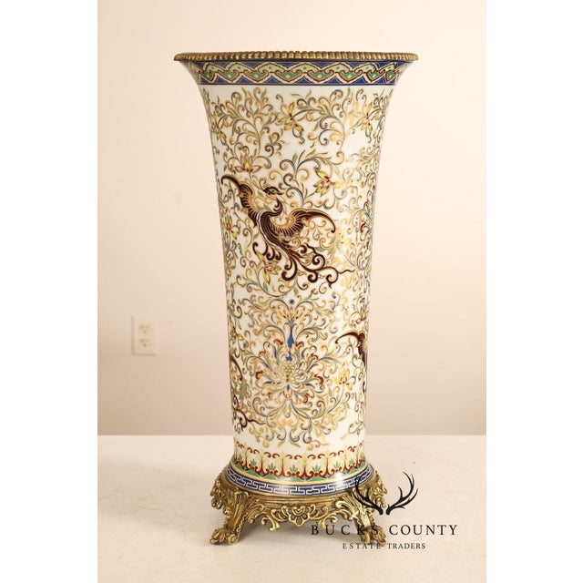 Victorian Hand Painted Porcelain Decorative Vase with Gilded Metal Base and Cap For Sale - Image 3 of 17