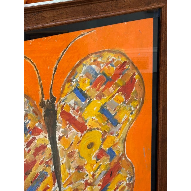 Late 20th Century Vintage Peter Passuntino Mosaic Butterfly on Orange Oil Painting - Gold Frame For Sale - Image 5 of 8