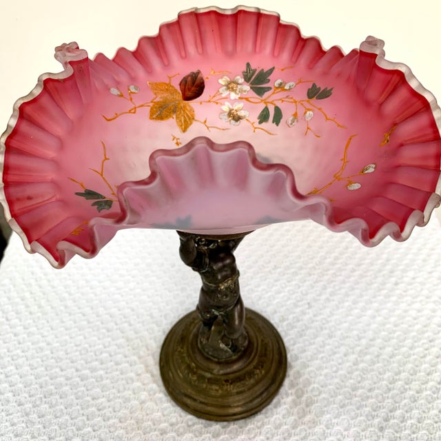 Ruffled Bowl Centerpiece on Bronze Cherub Base, Victorian Bride's Bowl For Sale - Image 4 of 8