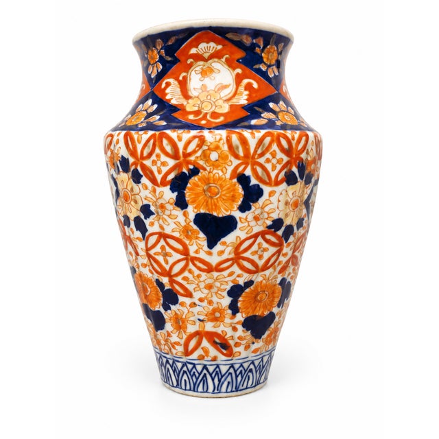 Japanese Antique 19th Century Japanese Imari Porcelain Vase— Hand-Painted Cobalt, Iron-Red & Gilt — Ribbed Form For Sale - Image 3 of 10