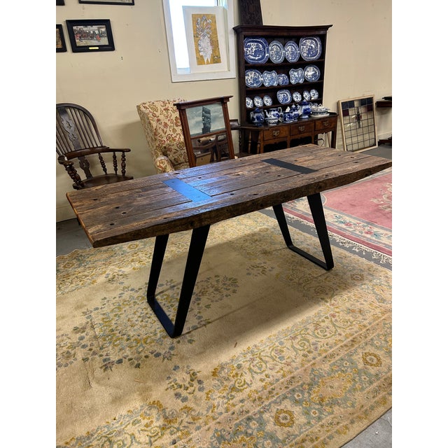 Industrial Rectangular Salvage Wood & Black Iron Table or Desk For Sale In Philadelphia - Image 6 of 14