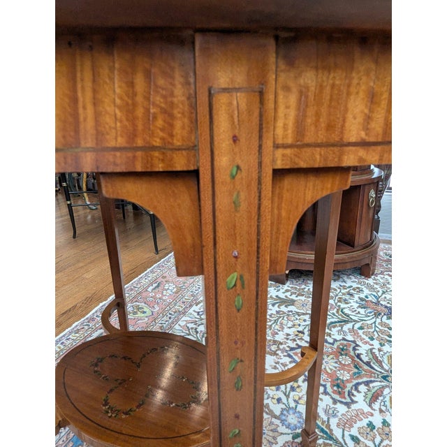 Brown Unique Edwardian Antique Satinwood 2-Tier Parlour Side Table W/ Hand Painted Floral Garlands & Center Display For Sale - Image 8 of 9