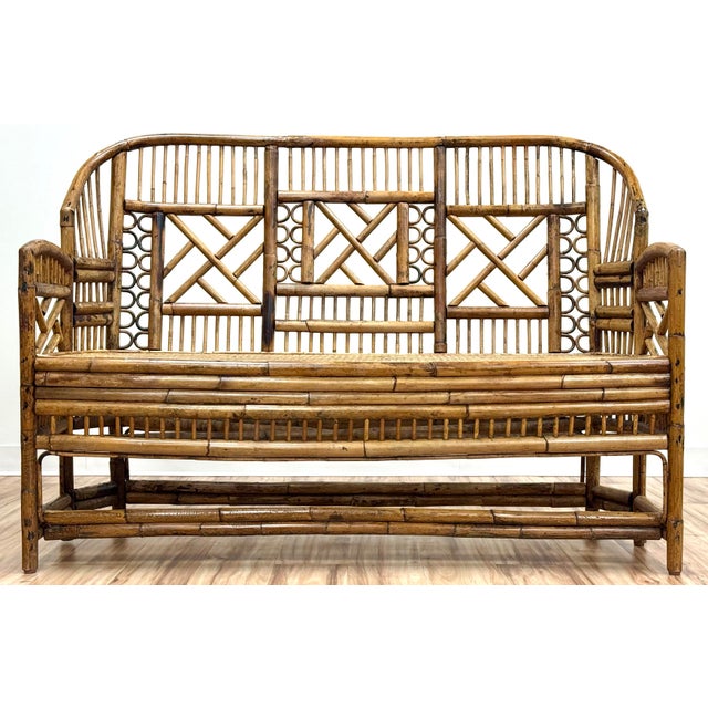 Absolutely gorgeous Brighton Pavillion style settee featuring natural finish and caned seat. Stunning Chinoiserie...