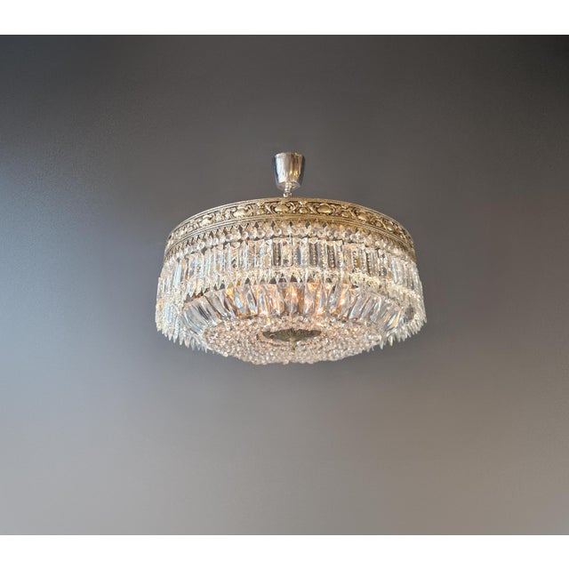1920s Antique Restored Baroque Crystal Plafonnier Brass Ceiling Chandelier For Sale - Image 5 of 13