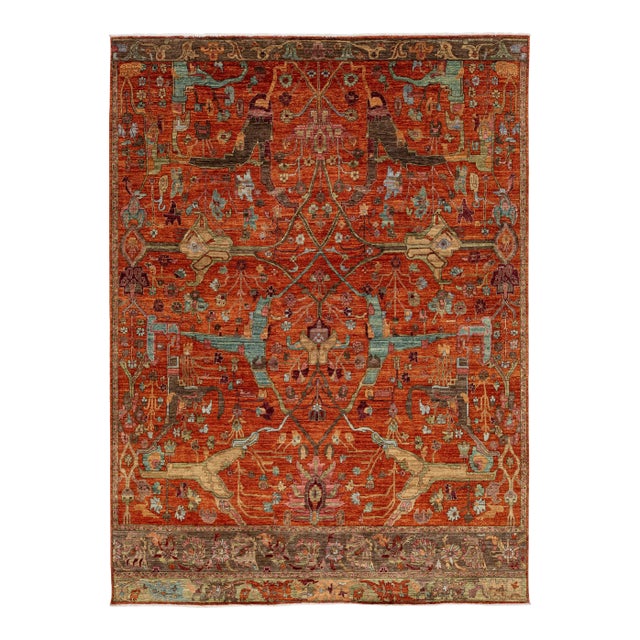 9x12 Modern Bidjar Style Hand-Knotted Rust & Sage Wool Area Rug Persian Motifs For Sale