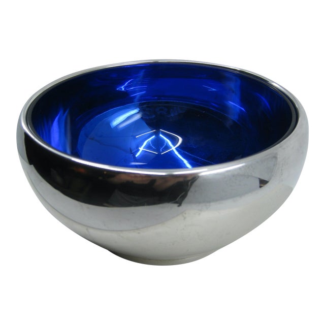 1950s Vintage Mid-Century Modern Birds Sterling Silver Mayonnaise Bowl With Cobalt Color Glass Liner Bowl For Sale