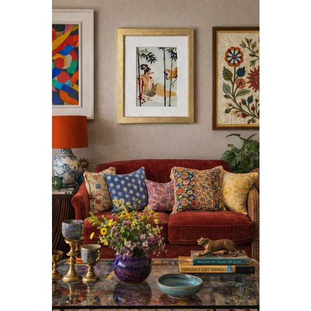 Asian Vintage Asian Leaf Art Collage of Woman Playing Flute With Crane, Bamboo Scene For Sale - Image 3 of 6