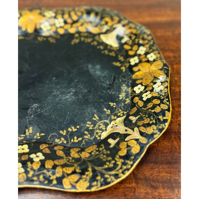 Black Antique Victorian Hand-Painted Toleware Metal Tray For Sale - Image 8 of 11