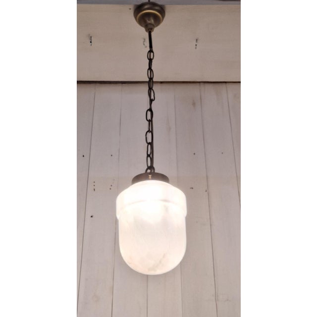 Goldenrod Antique Art Deco German Ceiling Lamp with Pink Marbled Glass Shade on a Brass Mount, 1920s For Sale - Image 8 of 9