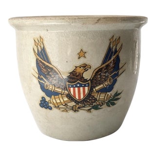 Antique Stone Ware Crock With Early Us Federal Patriotic Eagle and Canons Flag For Sale