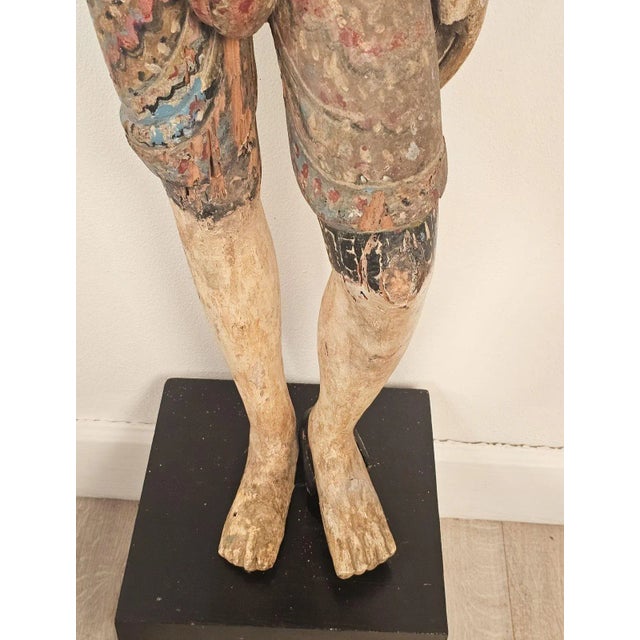19th Century Southeast Asian Tall Painted & Carved Wood Figure of a Man For Sale - Image 13 of 15