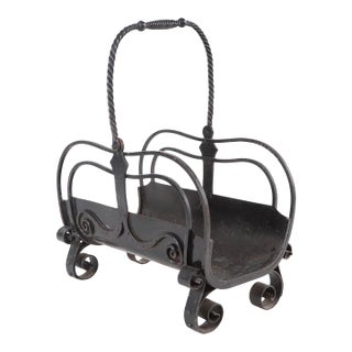 Antique Arts & Crafts Wrought Iron Fireplace Log Basket For Sale