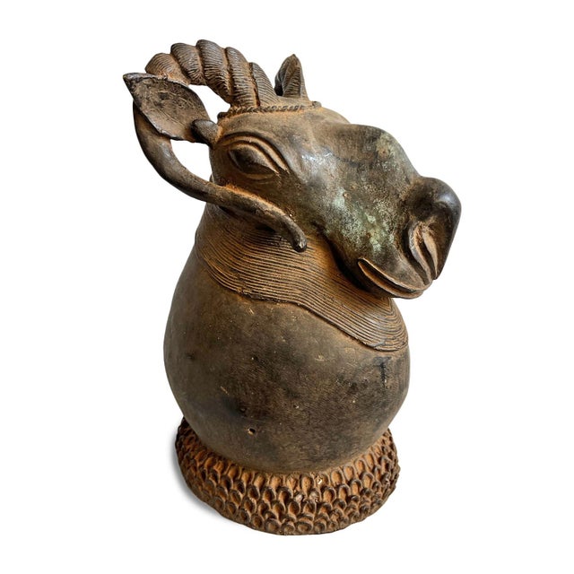 Tribal Antique Bronze Benin African Ram Head Sculpture For Sale - Image 3 of 10