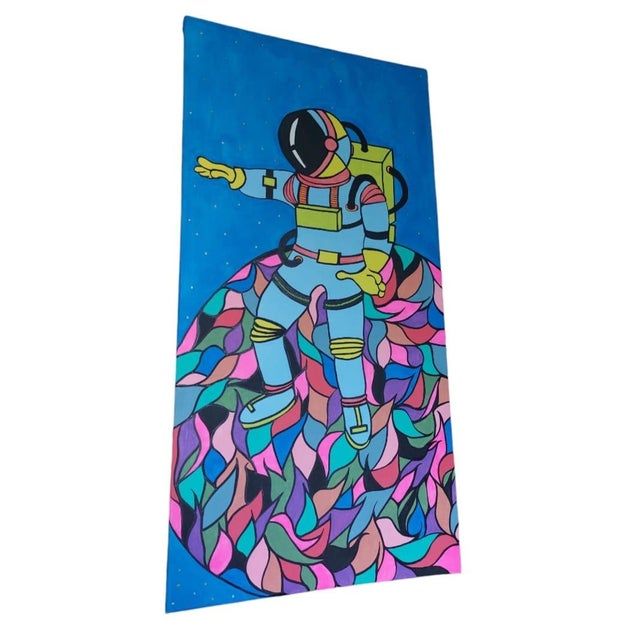 Abstract artwork by Sills art. Cheerful colors. Astronaut landing on a colorful planet. Arcrylic. New art, Modern....