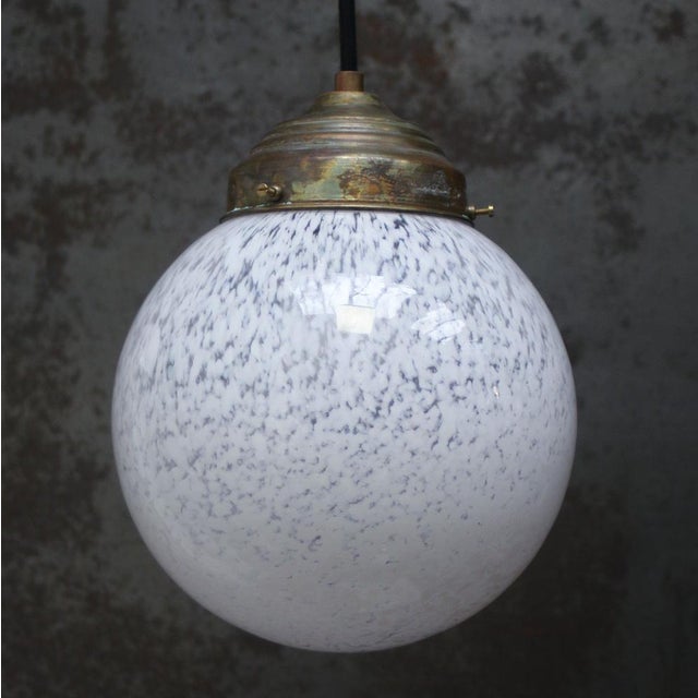Mid-Century Modern Art Deco French White Glass Globe and Brass Pendant Lamp For Sale - Image 3 of 7