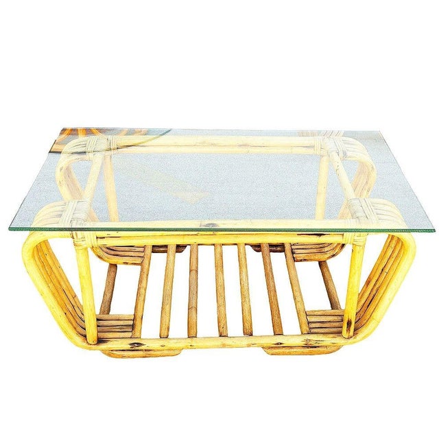 Wood Restored Mid-Century Floating Glass Top Rattan Coffee & Side Table, Pair For Sale - Image 7 of 10