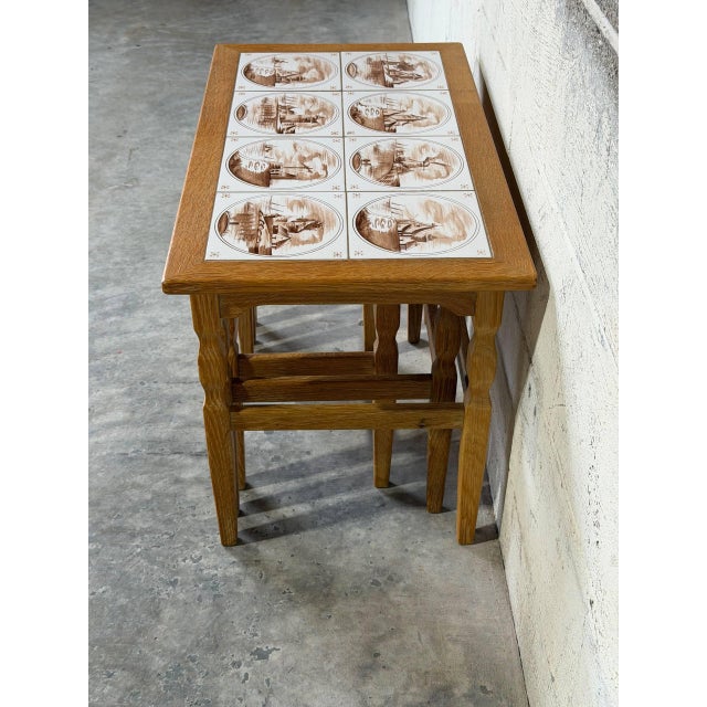 Wood Oak Ceramic Tile-Top Nesting Tables Set of 3 Brown Scenic Windmill Motif Vintage For Sale - Image 7 of 11