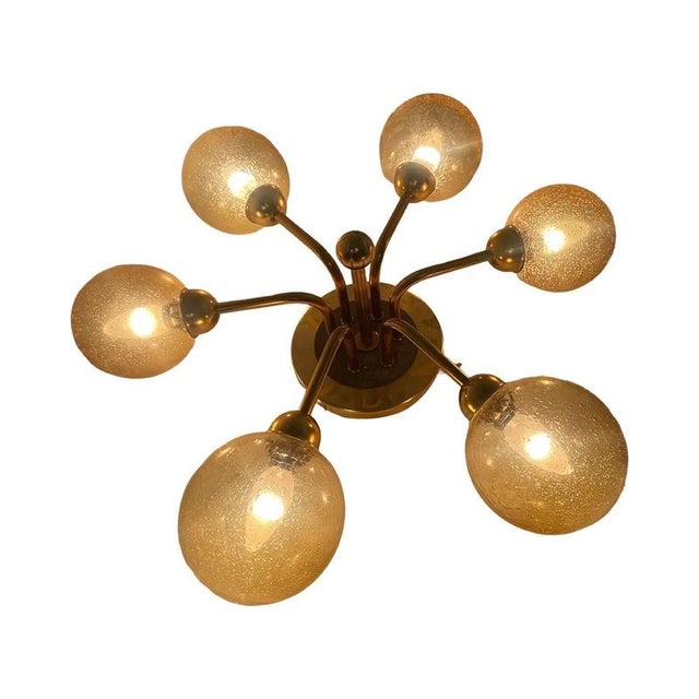 Mid Century Modern / Atomic Age Sputnik Pendant Lamp with 6 Patterned Glass Shades from VEB Germany For Sale - Image 10 of 11