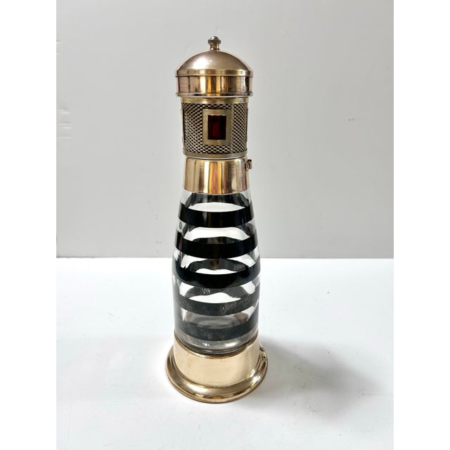 Vintage Nautical Lighthouse Cocktail Shaker Decanter Barware, Brass & Glass Maritime Accent For Sale - Image 4 of 9