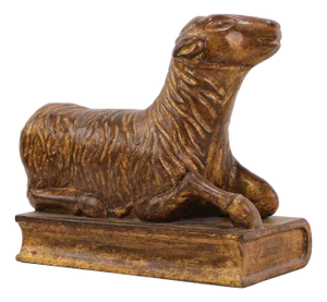 Vintage Hand-Carved Wood Recumbent Lamb on Book Decorative Sculpture