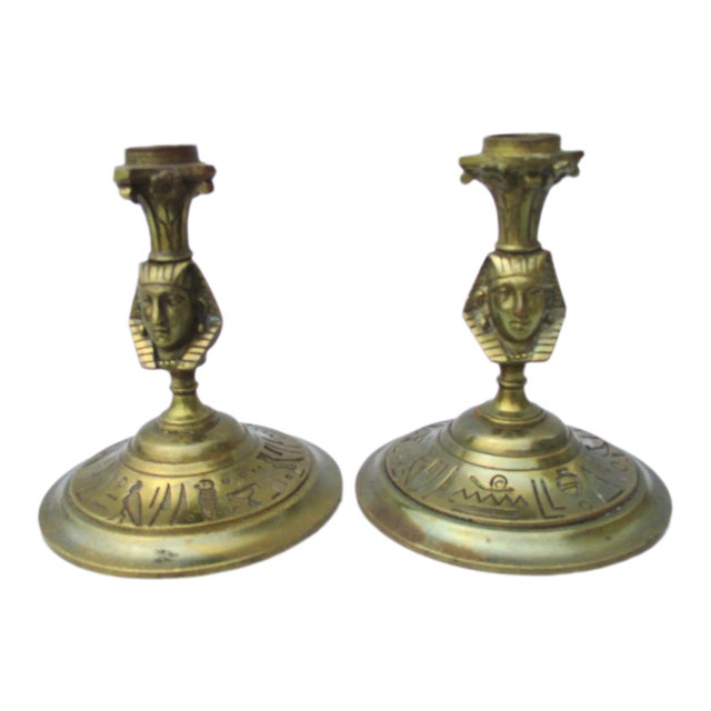 Egyptian Revival Bronze Candlesticks - a Pair For Sale
