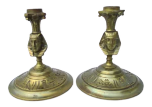 Egyptian Revival Bronze Candlesticks - a Pair