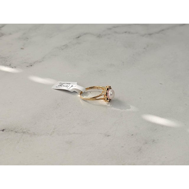 2020s Pearl Ring with Diamond Sapphire Halo Ring 14k Yellow Gold, Size 7.5 For Sale - Image 5 of 5