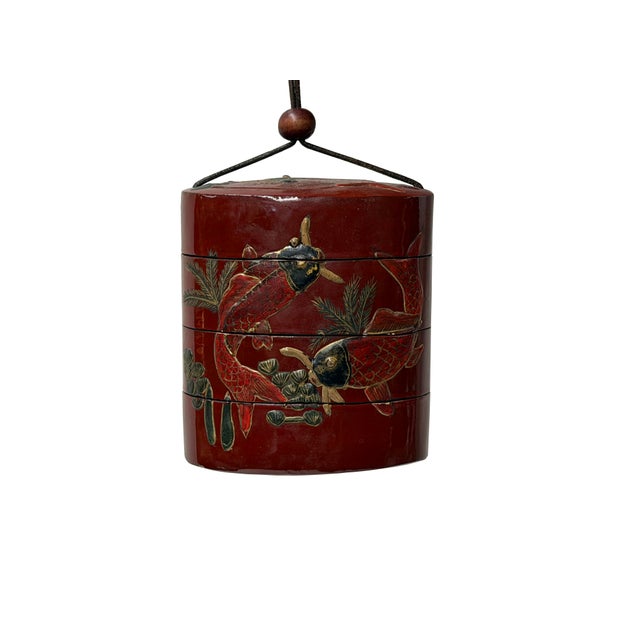 Vintage Red Lacquer Inro Koi Fishes Netsuke Wood Stack Case Deco For Sale - Image 4 of 11