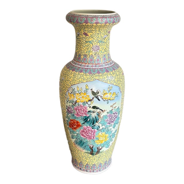 Giant Oversized Chinese Yellow Floral Ceramic Floor Vase For Sale