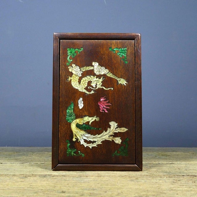 Vintage Rosewood Box With Mother-of-Pearl Dragon & Phoenix Inlay For Sale - Image 4 of 9