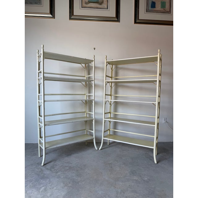 Hollywood Regency Vintage Coastal Faux Bamboo and Rattan Five-Tier Étagère Shelving Units – A Pair For Sale - Image 3 of 12
