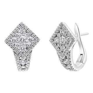 18K White Gold 1 1/10 Cttw Round Diamond Cluster with Halo Hoop Huggie Earring (F-G Color, VS1-VS2 Clarity) For Sale