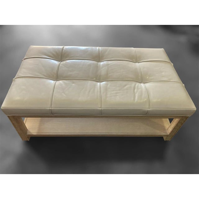 Highland House 1399-48 Franco Cocktail Ottoman With Off-White Tufted Leather Cushion and Lower Oak Shelf For Sale - Image 17 of 18