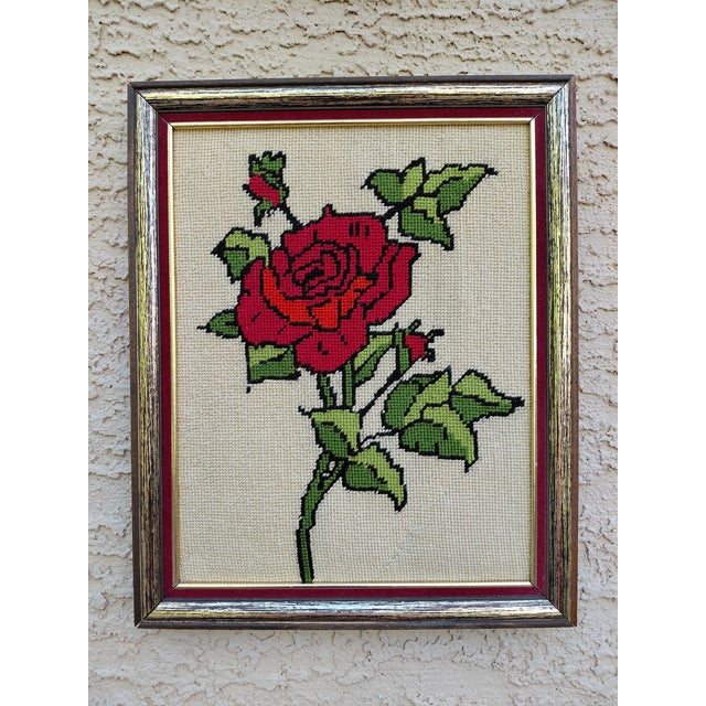 Mid-Century Red Rose Framed Needlepoint For Sale - Image 10 of 10