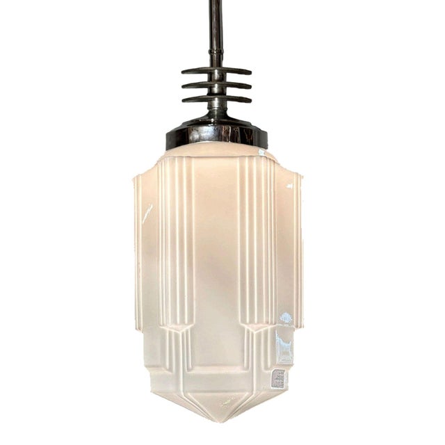 Art Deco 1930s Art Deco Chrome Streamline Pendant Light W/ Skyscraper Milk Glass Shade For Sale - Image 3 of 6