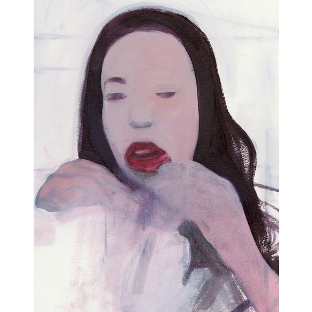 This artwork presents a figure with a contemplative expression, their lips painted in deep red, contrasting with the soft,...
