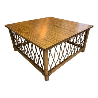 Vintage Philippine Rattan & Bamboo Lattice Coffee Table – 32” Square For Sale