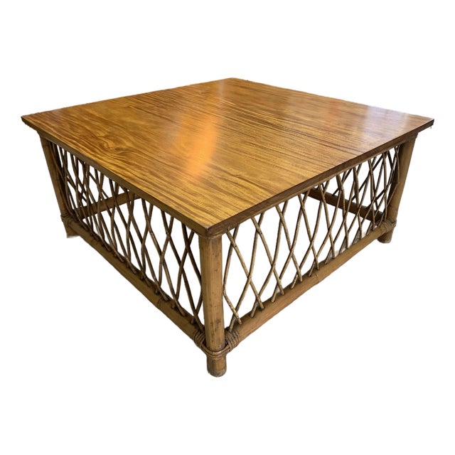 Vintage Philippine Rattan & Bamboo Lattice Coffee Table – 32” Square For Sale