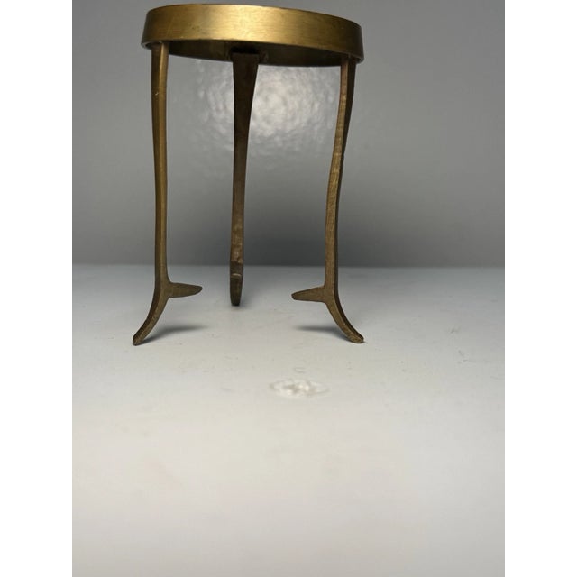 1980s Vintage Mini Brass Pedestal Table Trivet Plant Stand 3” Round Etched Top For Sale - Image 5 of 9